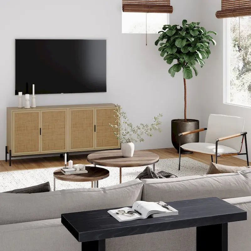 Bohemian Entryway Storage Cabinet | Kitchen Sideboard, TV Stand & Rattan Accent Cabinet with Metal Legs