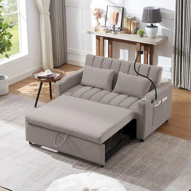 Convertible Sofa Bed with USB Ports, Side Pockets and Swivel Holder