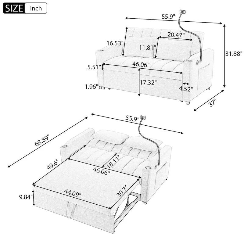 Convertible Sofa Bed with USB Ports, Side Pockets and Swivel Holder