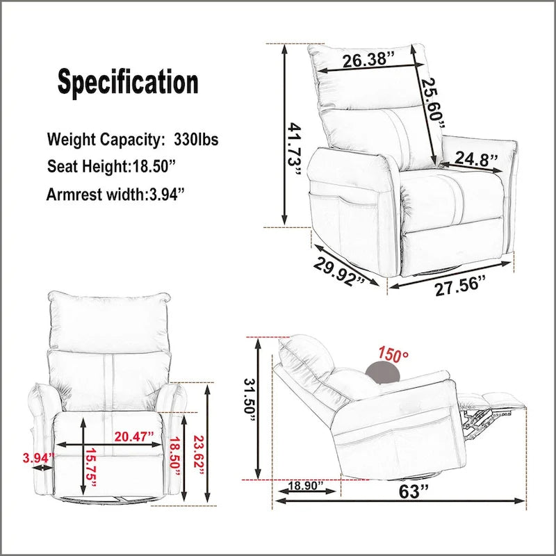 270° Power Swivel Rocker Recliner Chair with USB Ports