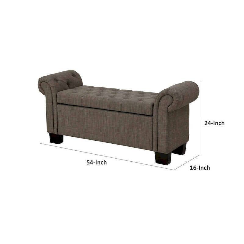 54 Inch Storage Bench, Polyester Linen, Rolled Arms, Tufted, Smooth Gray