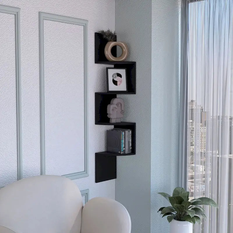 Corner Shelf with Full-Wall Design and Multiple Shelving